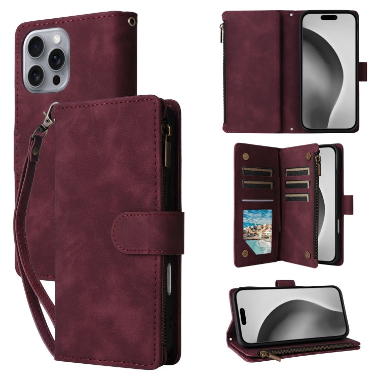 For iPhone 16 Pro Max Crossbody Multi-card Slot Wallet Zipper Leather Phone Case(Wine Red) - iPhone 16 Pro Max Cases by buy2fix | Online Shopping UK | buy2fix