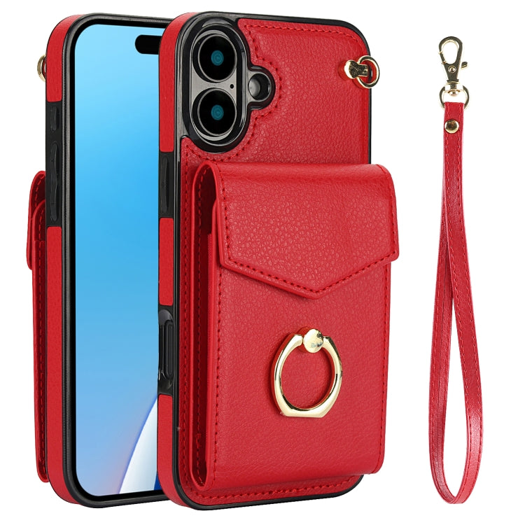 For iPhone 16 Ring Holder RFID Card Slot Phone Case(Red) - iPhone 16 Cases by buy2fix | Online Shopping UK | buy2fix