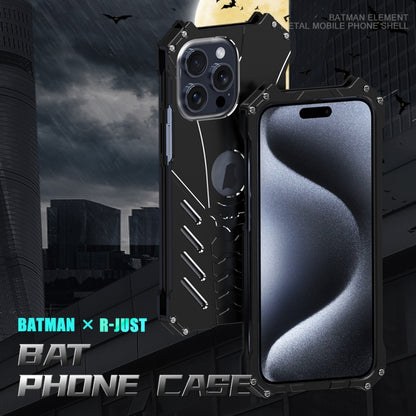 For iPhone 16 R-JUST Batman Hollow Metal Phone Protective Case(Black) - iPhone 16 Cases by R-JUST | Online Shopping UK | buy2fix