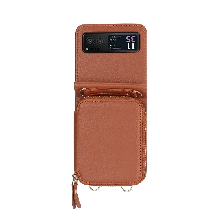 For Motorola Razr 40 Long and Short Lanyard Zipper Card Slot Foldable Phone Case(Brown) - Motorola Cases by buy2fix | Online Shopping UK | buy2fix