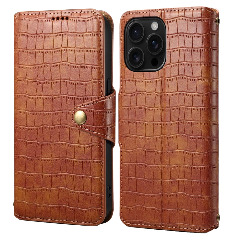 For iPhone 16 Pro Max Denior Crocodile Texture Oil Edge Leather Phone Case(Brown) - iPhone 16 Pro Max Cases by Denior | Online Shopping UK | buy2fix