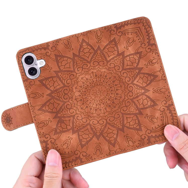 For iPhone 16 Mandala Embossed Dual-Fold Calf Leather Phone Case(Brown) - iPhone 16 Cases by buy2fix | Online Shopping UK | buy2fix