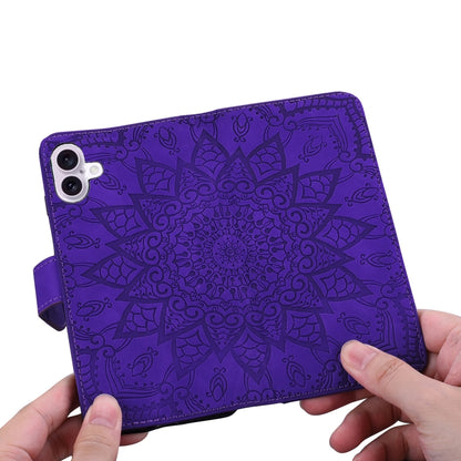 For iPhone 16 Mandala Embossed Dual-Fold Calf Leather Phone Case(Purple) - iPhone 16 Cases by buy2fix | Online Shopping UK | buy2fix