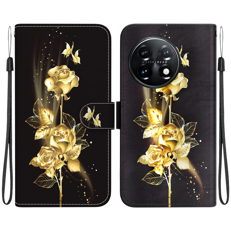 For OnePlus 11 Crystal Texture Colored Drawing Leather Phone Case(Gold Butterfly Rose) - OnePlus Cases by buy2fix | Online Shopping UK | buy2fix