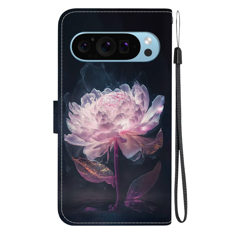 For Google Pixel 9 Crystal Texture Colored Drawing Leather Phone Case(Purple Peony) - Google Cases by buy2fix | Online Shopping UK | buy2fix