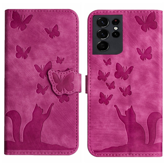 For Samsung Galaxy S21 Ultra 5G Butterfly Cat Embossing Flip Leather Phone Case(Pink) - Galaxy S21 Ultra 5G Cases by buy2fix | Online Shopping UK | buy2fix