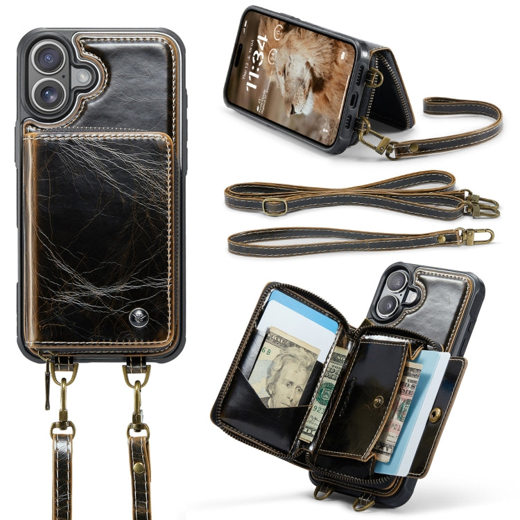 For iPhone 16 JEEHOOD C22 Series Zipper Wallet Leather Phone Case with Dual Lanyard(Coffee) - iPhone 16 Cases by JEEHOOD | Online Shopping UK | buy2fix