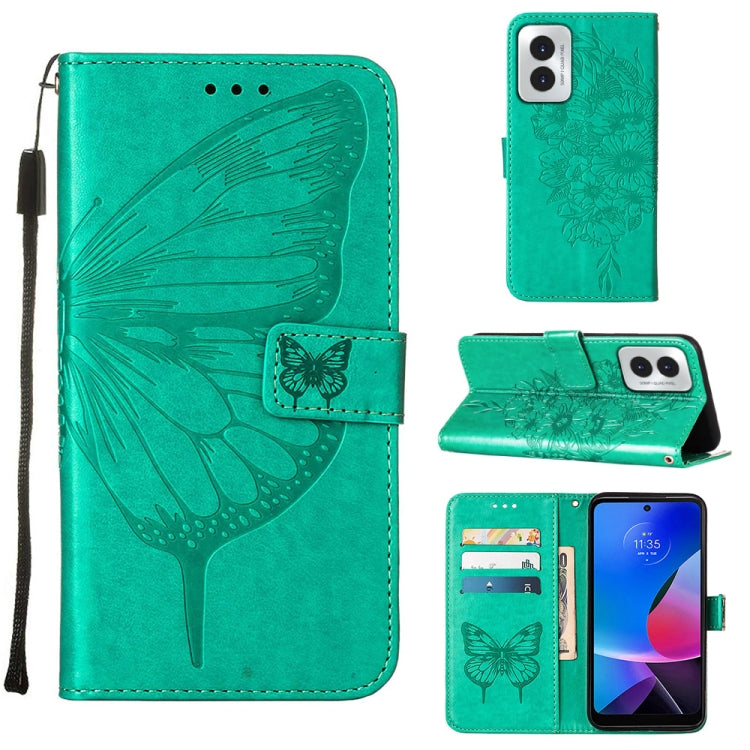 For Motorola Moto G Play 4G 2024 Embossed Butterfly Leather Phone Case(Green) - Motorola Cases by buy2fix | Online Shopping UK | buy2fix