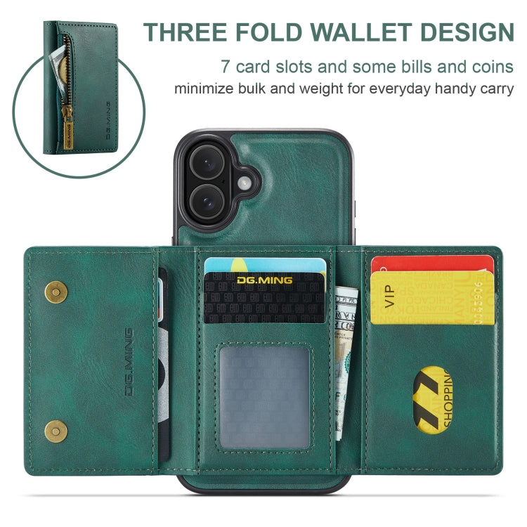 For iPhone 16 Plus DG.MING M5 Series Zip RFID Multi Card Detachable Leather Phone Case(Green) - iPhone 16 Plus Cases by DG.MING | Online Shopping UK | buy2fix