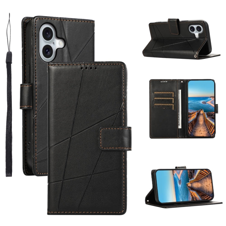 For iPhone 16 PU Genuine Leather Texture Embossed Line Phone Case(Black) - iPhone 16 Cases by buy2fix | Online Shopping UK | buy2fix