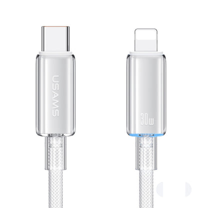 USAMS Type-C To 8 Pin Aluminum Alloy Clear LED 30W PD Fast Charge Data Cable, Length:1.2m(White) - 2 in 1 Cable by USAMS | Online Shopping UK | buy2fix