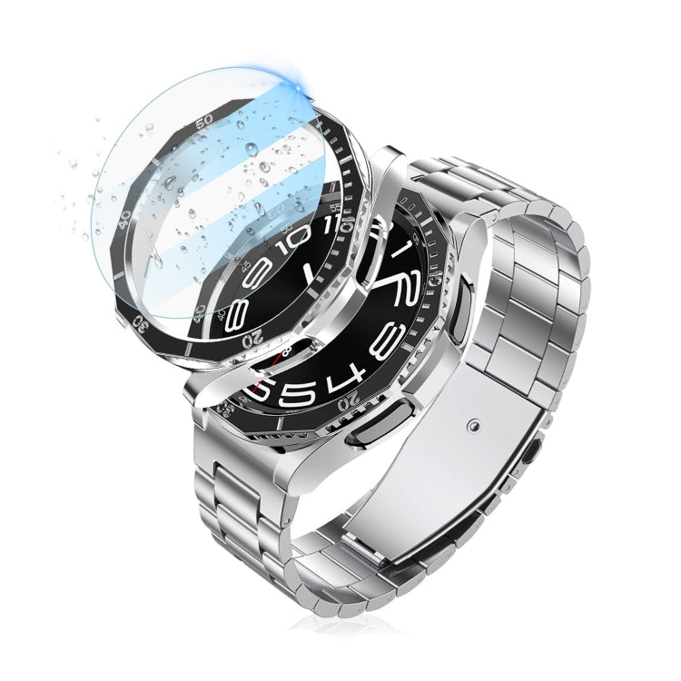 For Samsung Galaxy Watch6 Classic 47mm R960 Electroplate PC Case + Tempered Film + Watch Bezel Ring Set(Black+Silver) - Watch Cases by buy2fix | Online Shopping UK | buy2fix