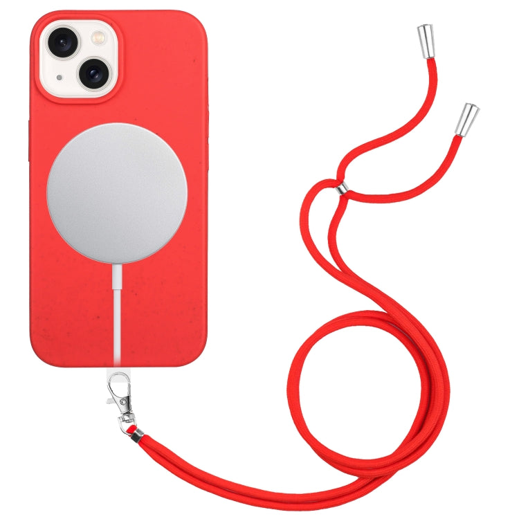 For iPhone 14 Plus Wheat MagSafe Magnetic Straw Material + TPU Phone Case with Lanyard(Red) - iPhone 14 Plus Cases by buy2fix | Online Shopping UK | buy2fix