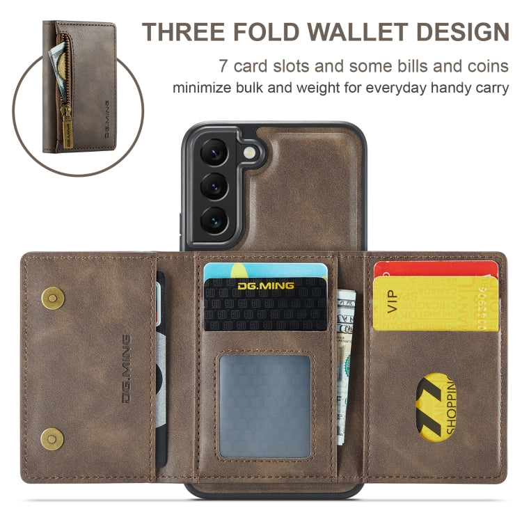 For Samsung Galaxy S22+ DG.MING M5 Series Zip RFID Multi Card Detachable Leather Phone Case(Coffee) - Galaxy S22+ 5G Cases by DG.MING | Online Shopping UK | buy2fix