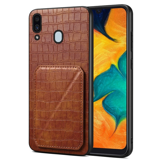 For Samsung Galaxy A20 / A30 Denior Imitation Crocodile Leather Back Phone Case with Holder(Brown) - Galaxy Phone Cases by Denior | Online Shopping UK | buy2fix