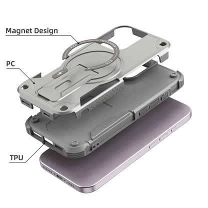 For iPhone 16 Armor Magsafe Holder PC Hybrid TPU Phone Case(Grey) - iPhone 16 Cases by buy2fix | Online Shopping UK | buy2fix