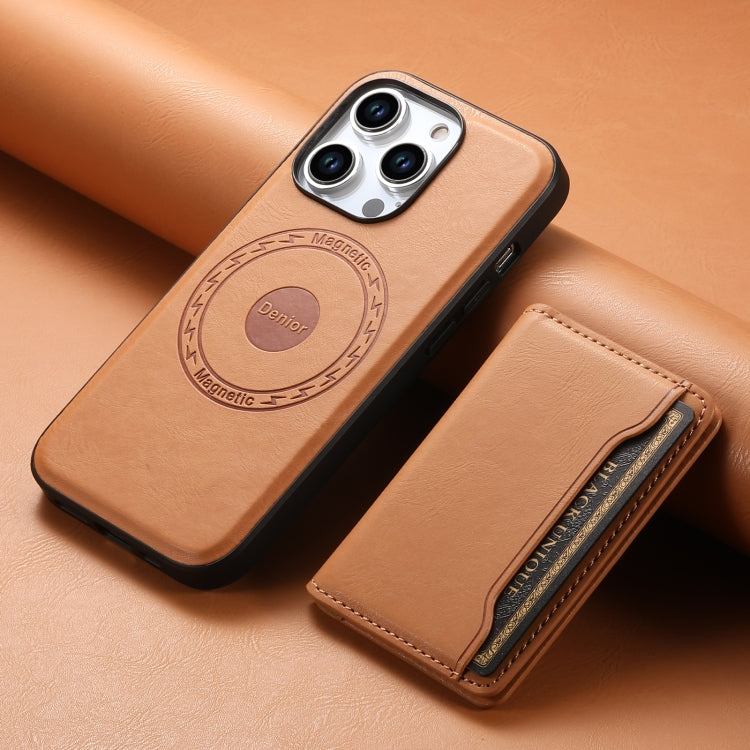 For iPhone 15 Denior Cowhide Texture Leather MagSafe Detachable Wallet Phone Case(Khaki) - iPhone 15 Cases by Denior | Online Shopping UK | buy2fix