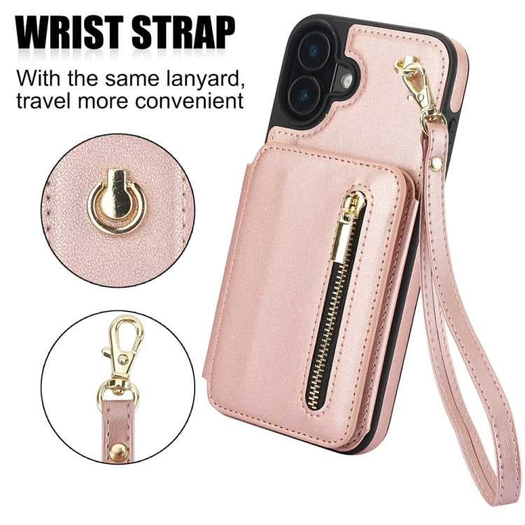 For iPhone 16 YM006 Skin Feel Zipper Card Bag Phone Case with Dual Lanyard(Rose Gold) - iPhone 16 Cases by buy2fix | Online Shopping UK | buy2fix