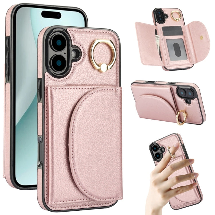 For iPhone 16 YM007 Ring Holder Card Bag Skin Feel Phone Case(Rose Gold) - iPhone 16 Cases by buy2fix | Online Shopping UK | buy2fix