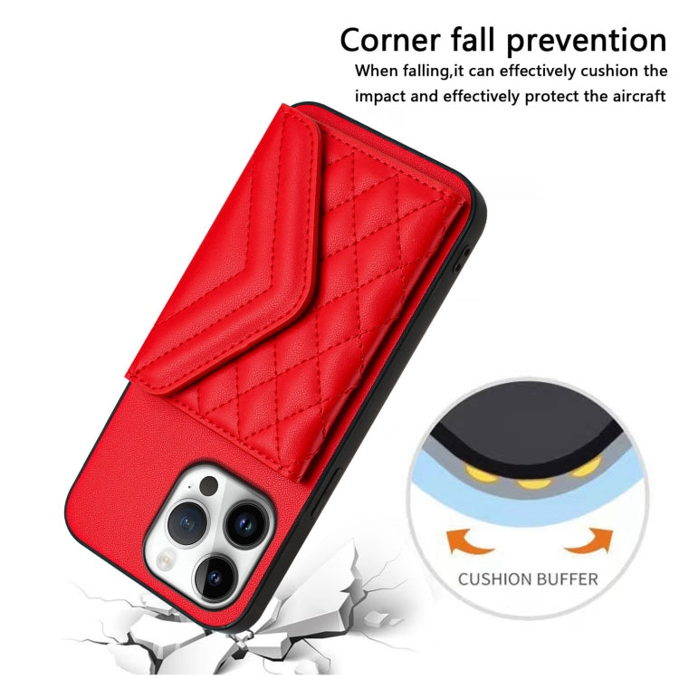 For iPhone 16 Pro Max Rhombic Texture Card Bag RFID Phone Case with Long Lanyard(Red) - iPhone 16 Pro Max Cases by buy2fix | Online Shopping UK | buy2fix