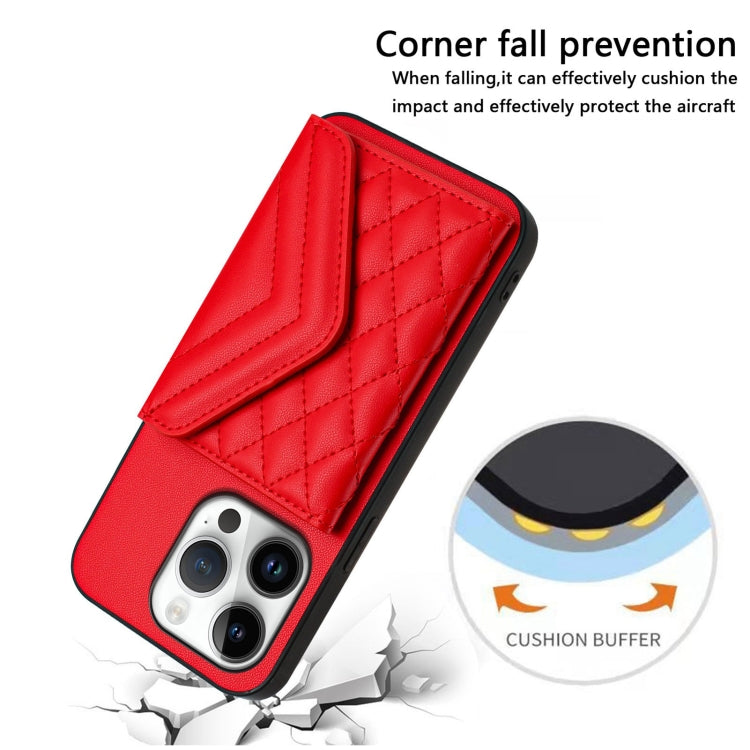 For iPhone 16 Pro Rhombic Texture Card Bag RFID Phone Case with Long Lanyard(Red) - iPhone 16 Pro Cases by buy2fix | Online Shopping UK | buy2fix