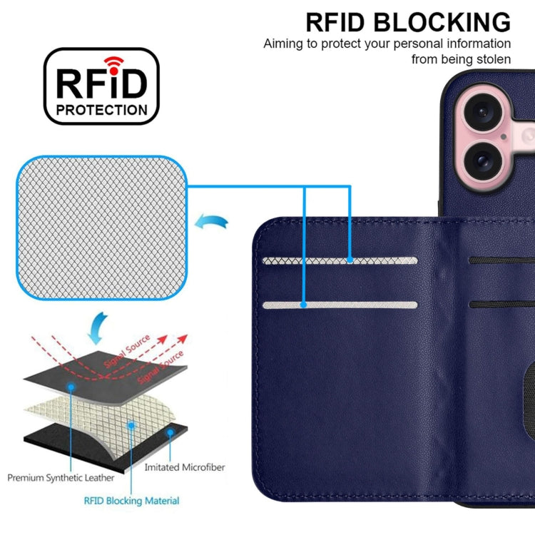 For iPhone 16 Rhombic Texture Card Bag RFID Phone Case with Long Lanyard(Blue) - iPhone 16 Cases by buy2fix | Online Shopping UK | buy2fix