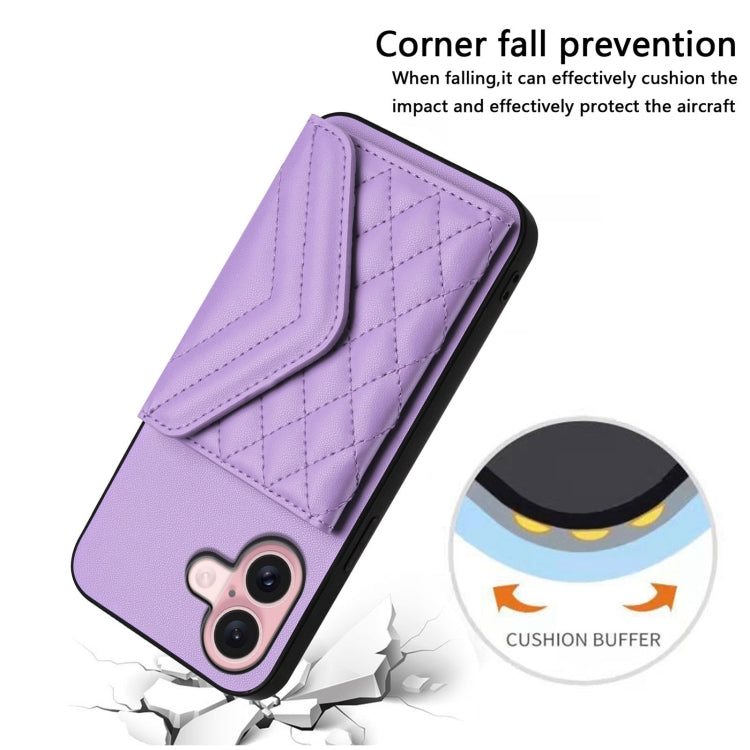 For iPhone 16 Rhombic Texture Card Bag RFID Phone Case with Long Lanyard(Light Purple) - iPhone 16 Cases by buy2fix | Online Shopping UK | buy2fix