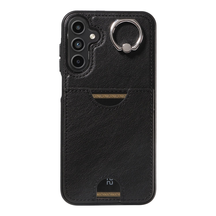 For Samsung Galaxy A15 Calf Texture Card Slot Ring Holder Phone Case(Black) - Galaxy Phone Cases by buy2fix | Online Shopping UK | buy2fix