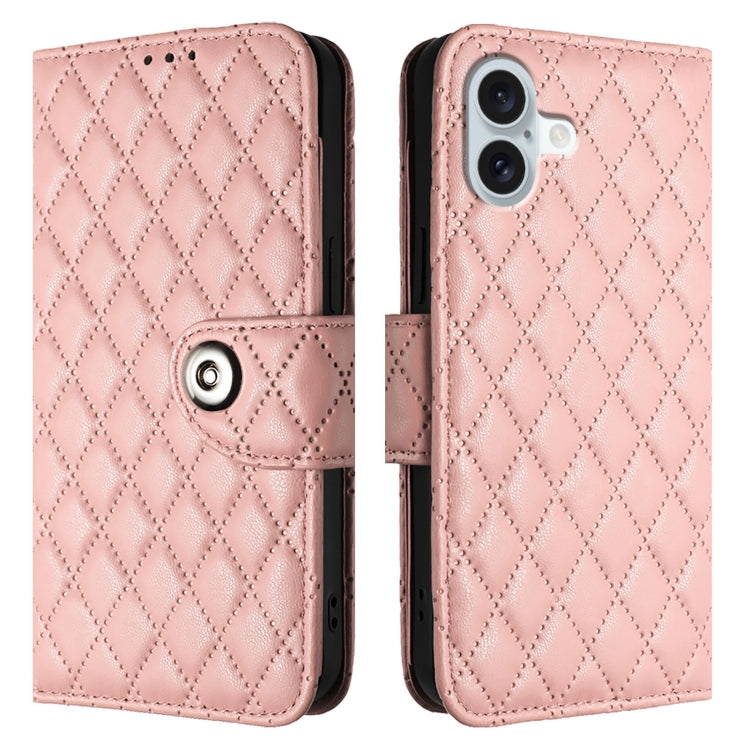 For iPhone 16 Rhombic Texture Flip Leather Phone Case with Lanyard(Coral Pink) - iPhone 16 Cases by buy2fix | Online Shopping UK | buy2fix