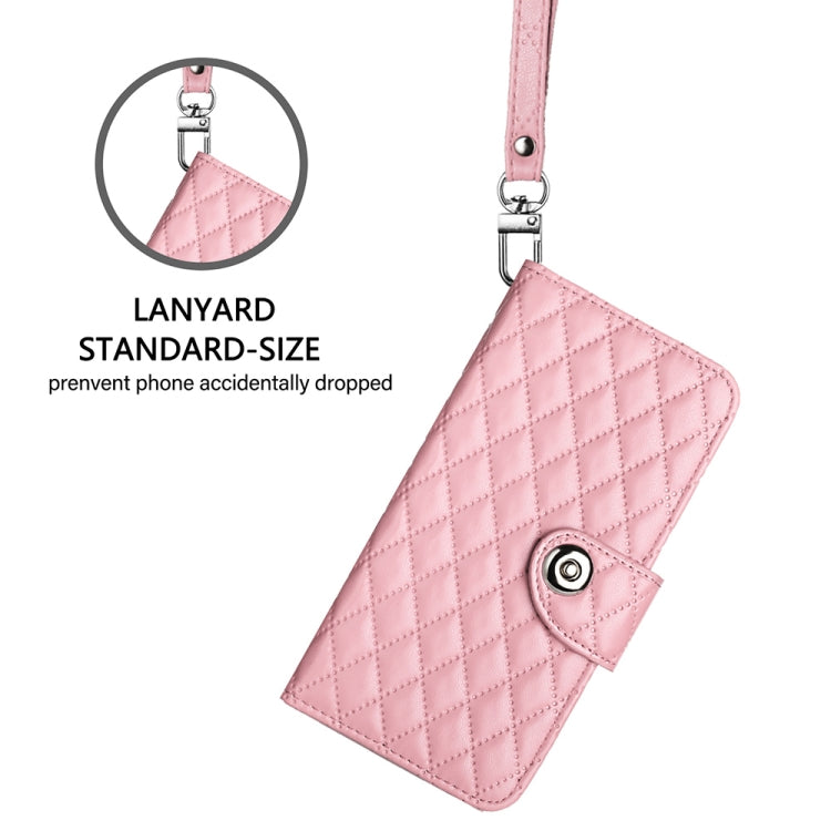 For Motorola Moto G Play 5G 2024 Rhombic Texture Flip Leather Phone Case with Lanyard(Pink) - Motorola Cases by buy2fix | Online Shopping UK | buy2fix