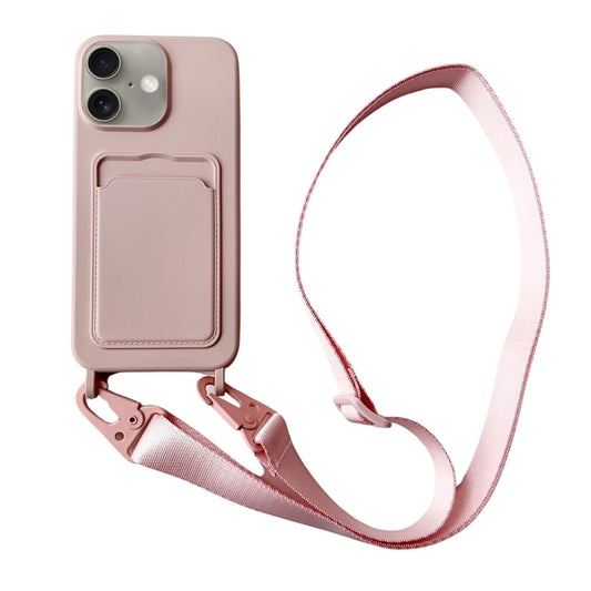 For iPhone 16 Plus Card Slot Liquid Silicone Phone Case with Lanyard(Light Pink) - iPhone 16 Plus Cases by buy2fix | Online Shopping UK | buy2fix