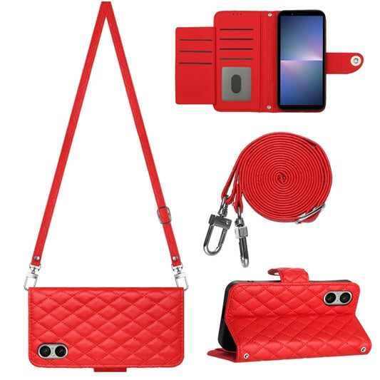 For Sony Xperia 5 V Rhombic Texture Flip Leather Phone Case with Long Lanyard(Red) - Sony Cases by buy2fix | Online Shopping UK | buy2fix