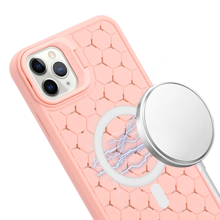 For iPhone 15 Pro Honeycomb Radiating Lens Holder Magsafe Phone Case with Lanyard(Pink) - iPhone 15 Pro Cases by buy2fix | Online Shopping UK | buy2fix