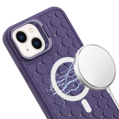 For iPhone 15 Plus Honeycomb Radiating Lens Holder Magsafe Phone Case with Lanyard(Purple) - iPhone 15 Plus Cases by buy2fix | Online Shopping UK | buy2fix