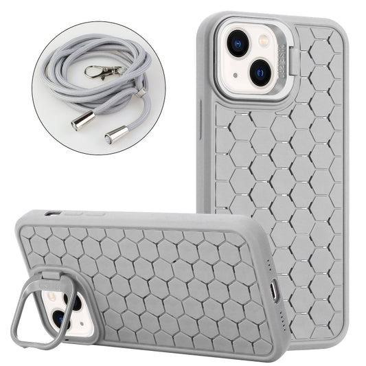 For iPhone 15 Plus Honeycomb Radiating Lens Holder Magsafe Phone Case with Lanyard(Grey) - iPhone 15 Plus Cases by buy2fix | Online Shopping UK | buy2fix