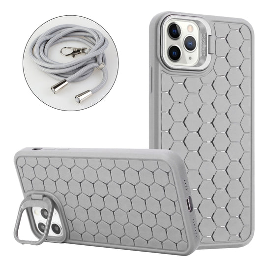 For iPhone 14 Pro Honeycomb Radiating Lens Holder Magsafe Phone Case with Lanyard(Grey) - iPhone 14 Pro Cases by buy2fix | Online Shopping UK | buy2fix