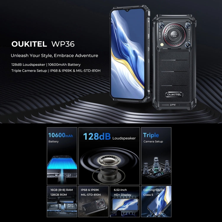 Oukitel WP36, 8GB+128GB, IP68/IP69K, Fingerprint Identification, 10600mAh, 6.52 inch MediaTek MT8788 Octa Core, NFC, OTG, Network: 4G(Black) - OUKITEL by OUKITEL | Online Shopping UK | buy2fix