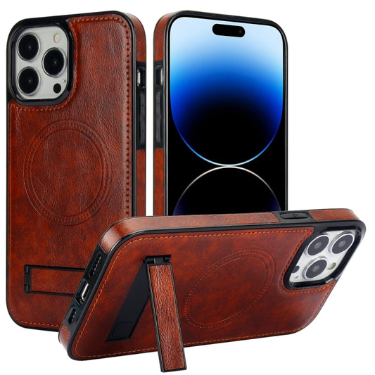 For iPhone 14 Pro Retro Leather Invisible Stand MagSafe Phone Case(Brown) - iPhone 14 Pro Cases by buy2fix | Online Shopping UK | buy2fix