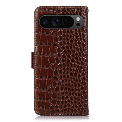 For Google Pixel 9 Pro Crocodile Top Layer Cowhide Leather Phone Case(Brown) - Google Cases by buy2fix | Online Shopping UK | buy2fix