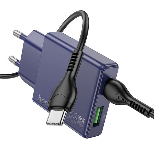 hoco N45 Biscuit PD30W Type-C + QC3.0 USB Charger with Type-C to Type-C Cable, EU Plug(Blue) - USB Charger by hoco | Online Shopping UK | buy2fix