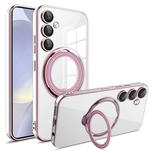 For Samsung Galaxy S24+ Electroplating MagSafe 360 Degree Rotation Holder Shockproof Phone Case(Pink) - Galaxy S24+ 5G Cases by buy2fix | Online Shopping UK | buy2fix