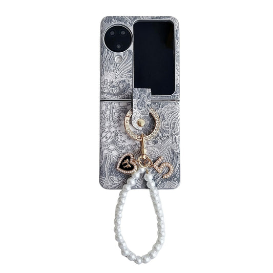 For OPPO Find N3 Flip Embroidery Style Full Coverage Phone Case with Ring Bead Chain(Grey) - Find N3 Flip Cases by buy2fix | Online Shopping UK | buy2fix