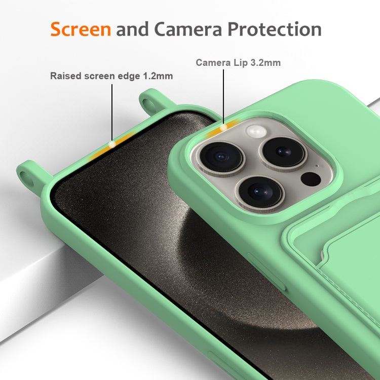 For iPhone 16 Pro Integrated Card Bag Solid Color Liquid Silicone Phone Case with Lanyard(Green) - iPhone 16 Pro Cases by buy2fix | Online Shopping UK | buy2fix