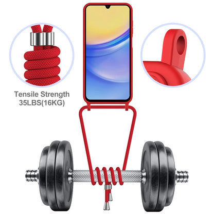 For Samsung Galaxy A15 4G/5G Integrated Card Bag Solid Color Liquid Silicone Phone Case with Lanyard(Red) - Galaxy Phone Cases by buy2fix | Online Shopping UK | buy2fix