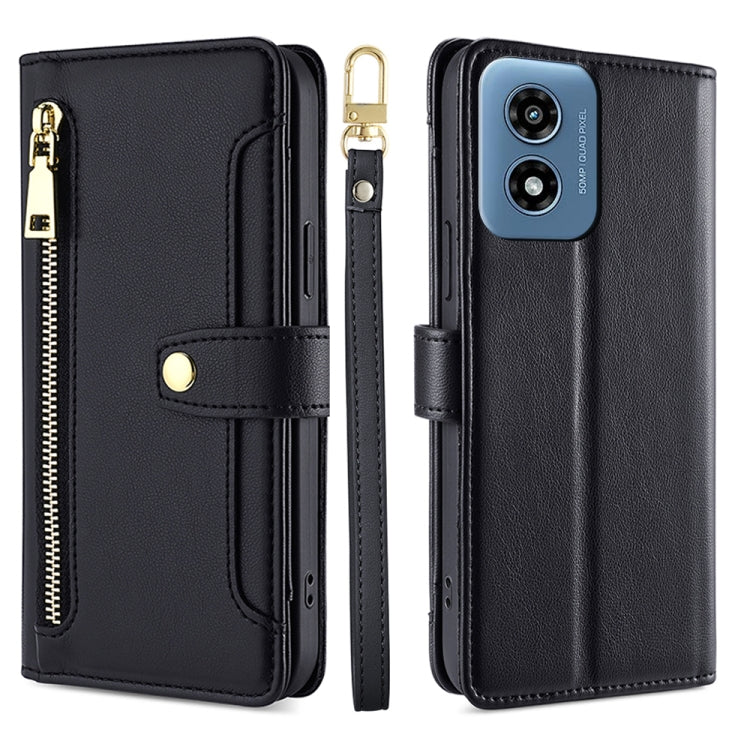 For Motorola Moto G Play 4G 2024 Sheep Texture Cross-body Zipper Wallet Leather Phone Case(Black) - Motorola Cases by buy2fix | Online Shopping UK | buy2fix