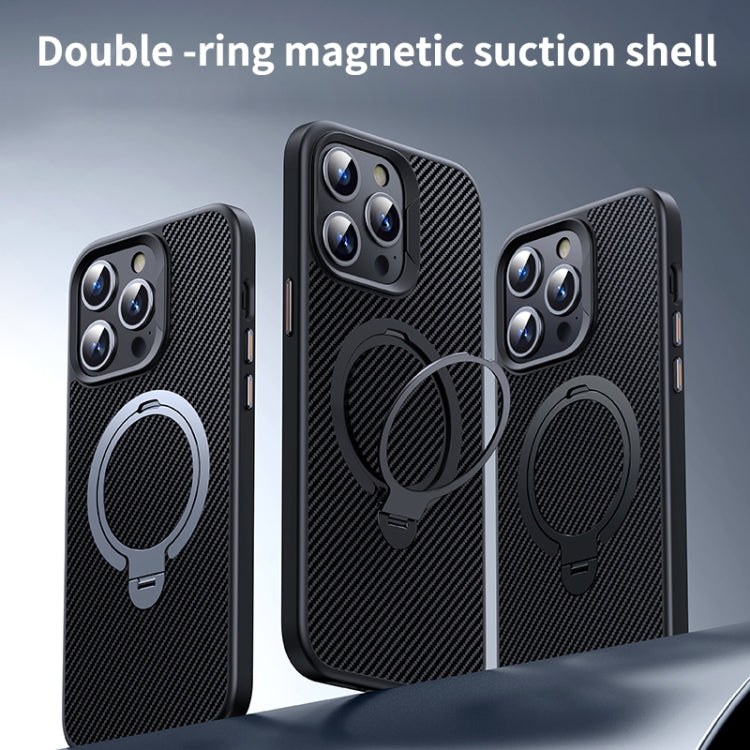 For iPhone 14 Pro Double Ring MagSafe Holder Carbon Fibre Phone Case(Black) - iPhone 14 Pro Cases by buy2fix | Online Shopping UK | buy2fix