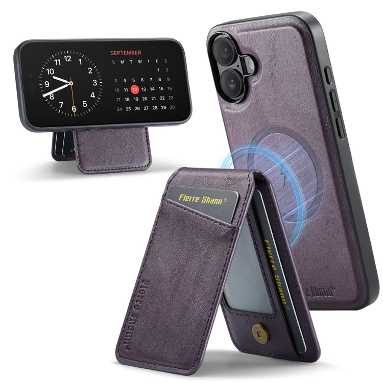 For iPhone 16 Plus Fierre Shann Oil Wax Cow Leather Magnetic Card Holder Phone Case(Purple) - iPhone 16 Plus Cases by FIERRE SHANN | Online Shopping UK | buy2fix