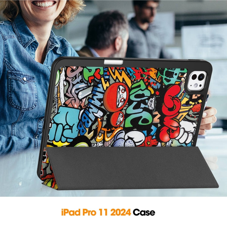 For iPad Pro 11 2024 Custer Painted 3-Fold Holder Smart Leather Tablet Case with Pen Tray(Graffiti) - iPad Pro 11 2024 Cases by buy2fix | Online Shopping UK | buy2fix