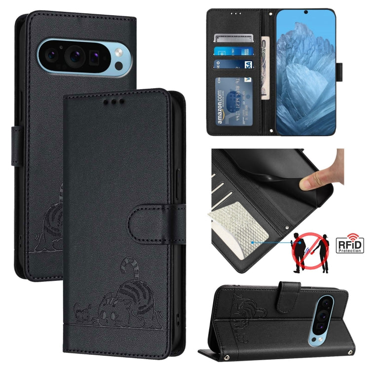 For Google Pixel 9 / 9 Pro Cat Rat Embossed Pattern RFID Leather Phone Case with Lanyard(Black) - Google Cases by buy2fix | Online Shopping UK | buy2fix