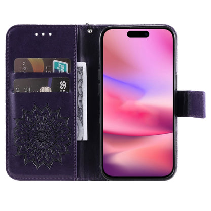 For iPhone 16 Embossed Sunflower Pattern Flip Leather Phone Case(Purple) - iPhone 16 Cases by buy2fix | Online Shopping UK | buy2fix